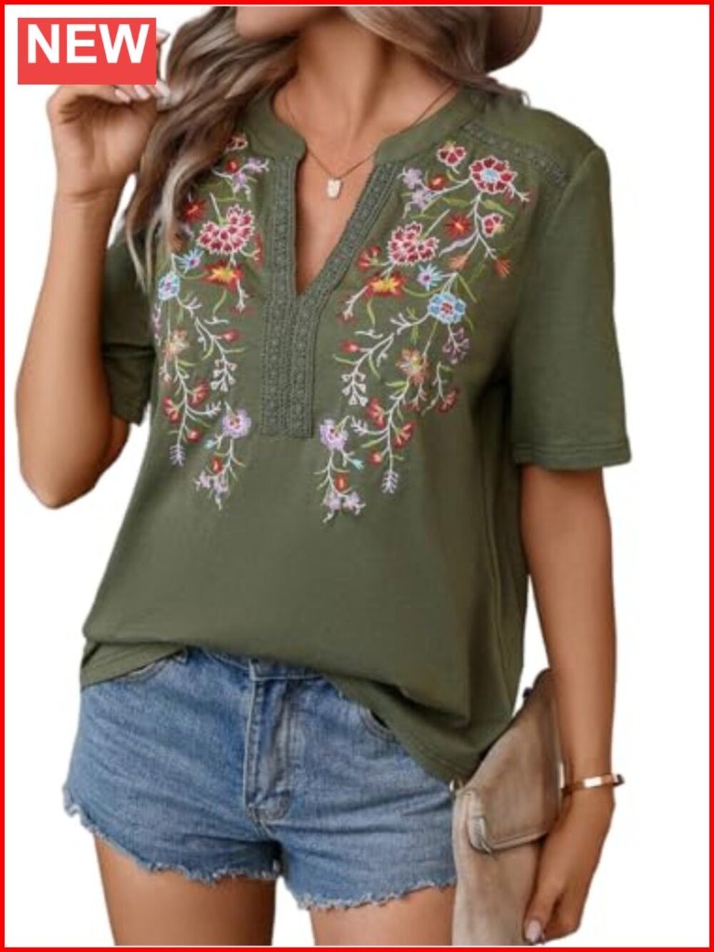 Mexican Embroidered Floral V-Neck Short Sleeve Tunic Top for Women